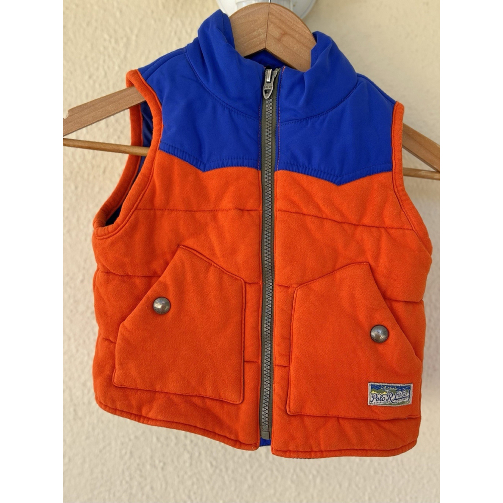 Polo Ralph Lauren Baby Quilted Vest Orange Blue Snap Pocket Zip 2T Colorblock